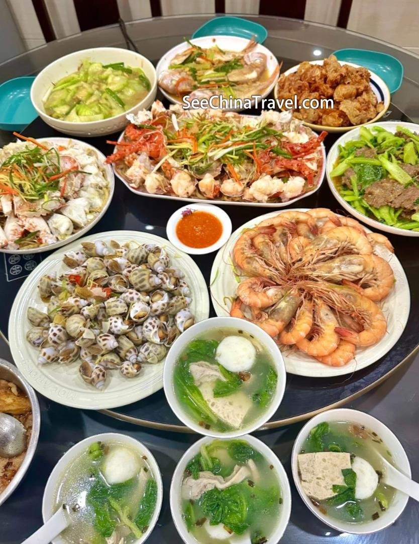 Assorted fresh seafood on ice in Shantou market